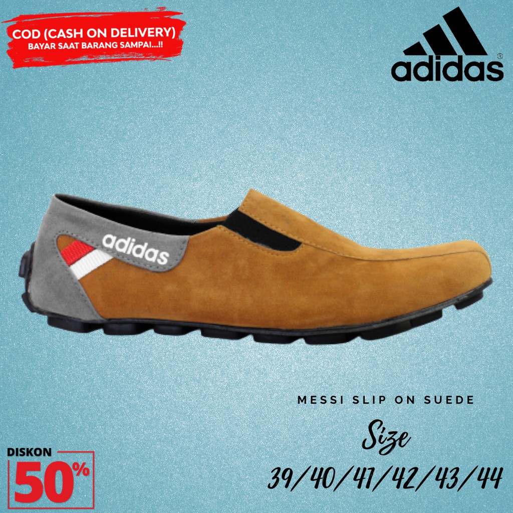 BARU!! Sepatu Slip On Pria Adidas Messi Mocasin Tan Murah Suede Selop Kasual Santai Kerja Anti Selip