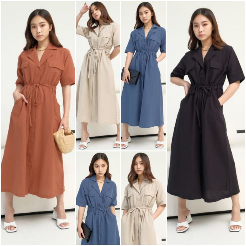 ❣️ SPECIAL PRICE ♡ PREMIUM ♡ ORIGINAL ! JEANNE LINEN VINTAGE COLLAR BUTTON POCKET TIED MIDI DRESS LONG OUTER ( BUSUI FRIENDLY )