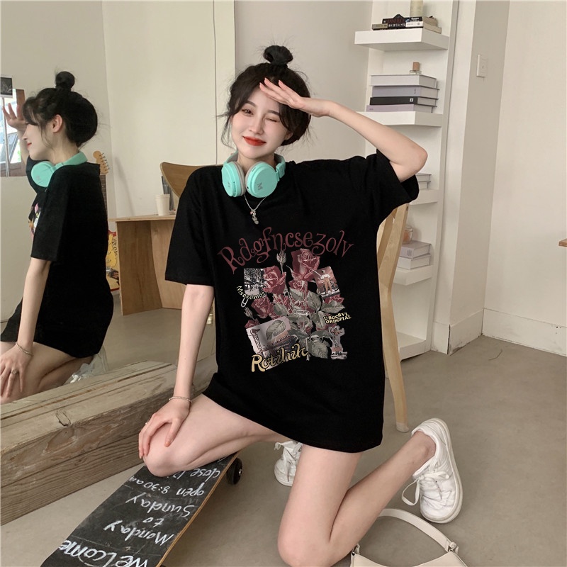 korean style Retro Printed T-shirt/Kaos Wanita Oversize SPACE Katun Baju Atasan Tumblr Tee Fashion T Shirt Cewek Perempuan Lengan Pendek