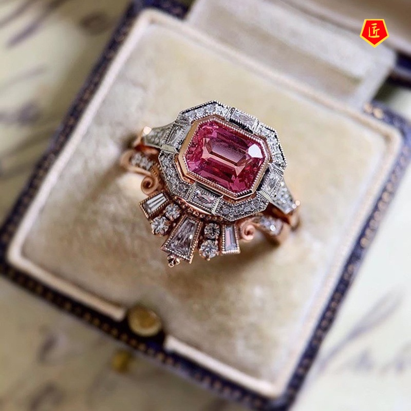 [Ready Stock]Inlaid Rose Red Gem Square Diamond Ring Set Fashion