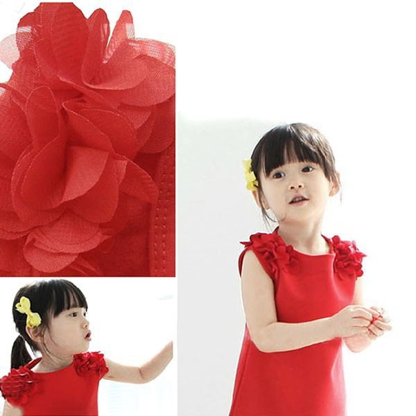 Dress Princess Korea Anak Perempuan Cantik Tanpa Lengan Aksen Bunga di Bahu