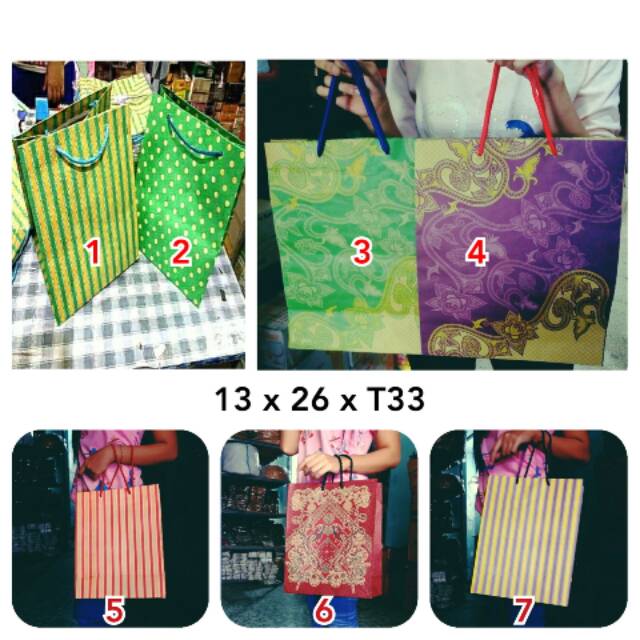 

Tas kertas paper bag besar ukuran A4 Folio HVS 13x26x33 26x33 baju snack foto merah hijau ungu batik