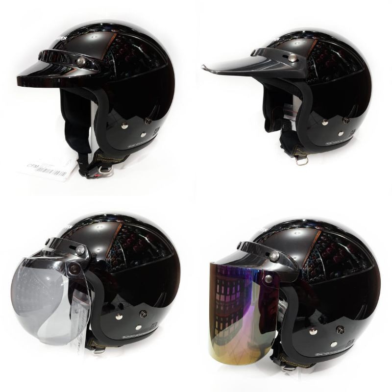 Helm Cargloss Retro Hitam Glossy Kaca datar Kaca Cembung