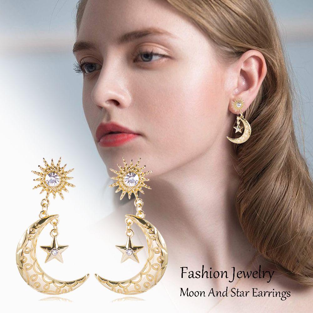 Lily Moon And Star Earrings Wanita Perempuan Gadis Asimetris Desain Perhiasan Ruang Bintang Anting Punk