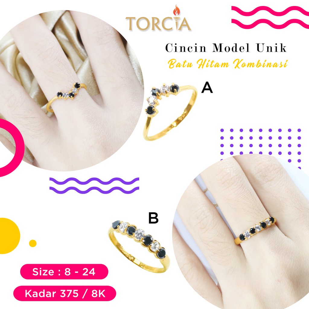 Cincin Emas Asli Model Unik Batu Hitam Kombinasi Kadar 375 Torcia