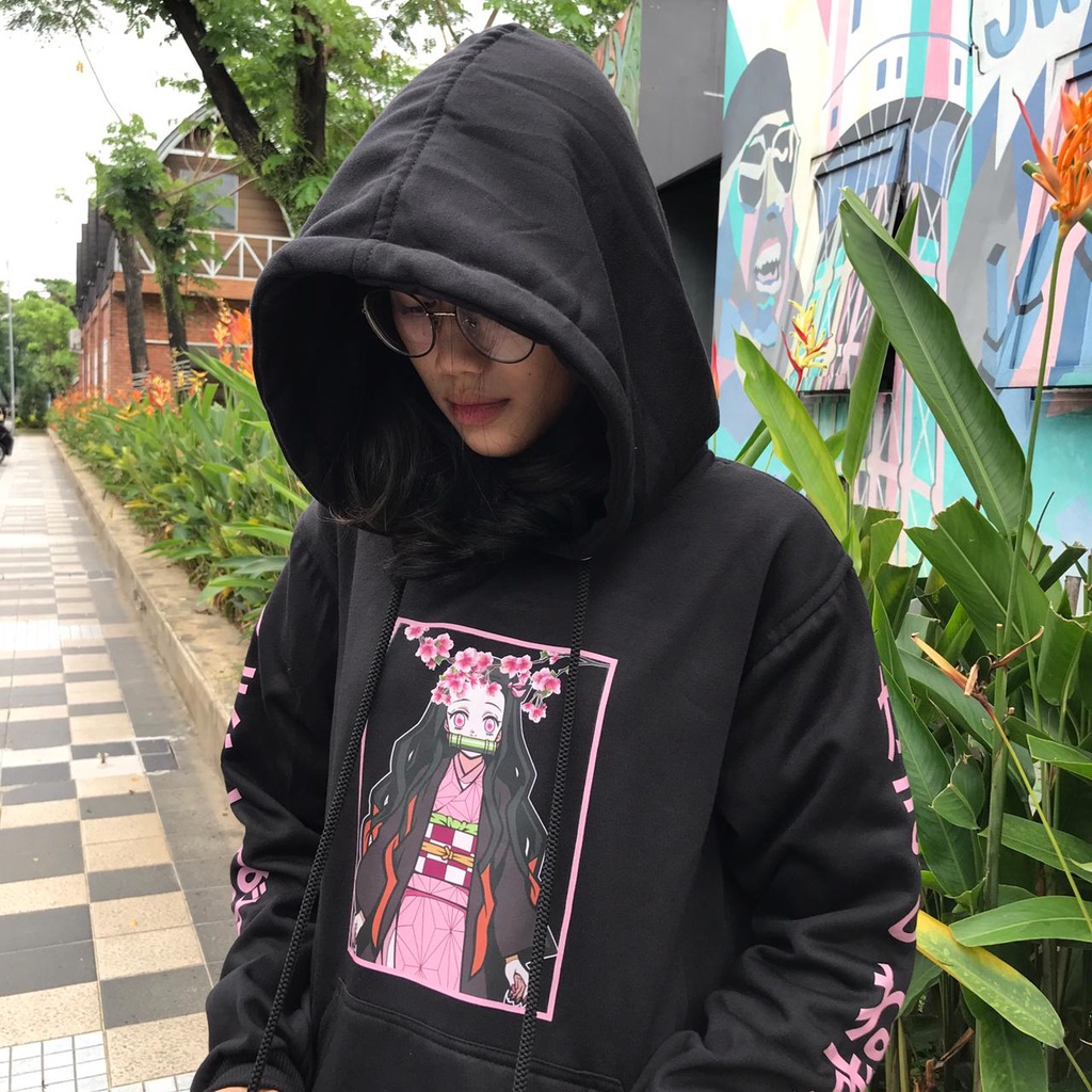 Hoodie Nezuko Kanji Flowers Anime Manga Demon Slayer Kimetsu No Yaiba Premium Unisex