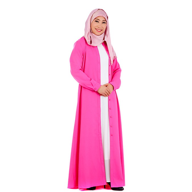 Fashion Wanita: Long Dress Muslim Lengan Panjang dengan Kancing, Warna Polos
