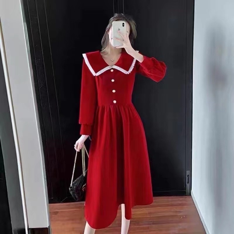 H7 D21/21 Korean velvet midi dress long sleeve import / gaun panjang beludru lengan panjang leher collar kancing / vintage dress