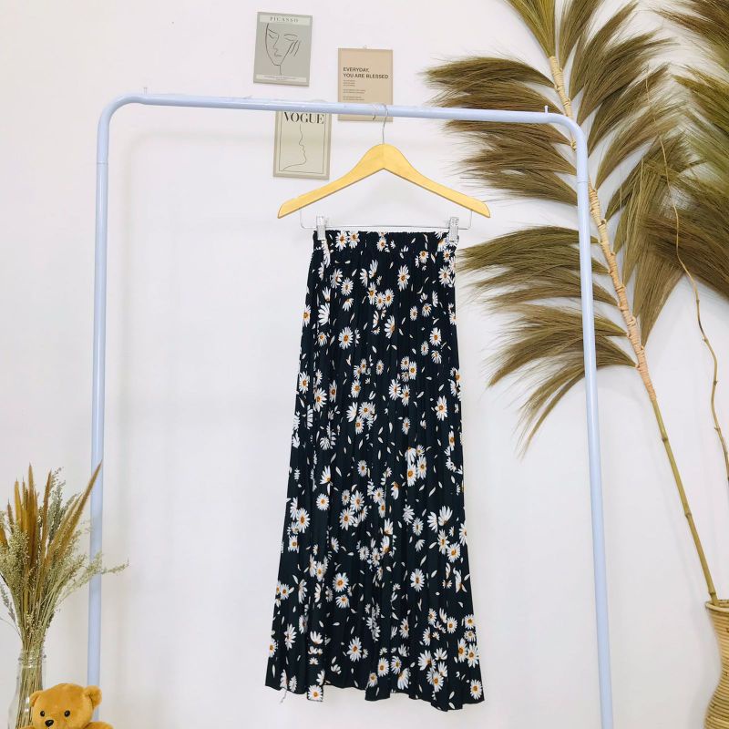 ROK PLISKET BUNGA DAISY / ROK PLISKET PREMIUM / ROK WANITA-Daisy hitam