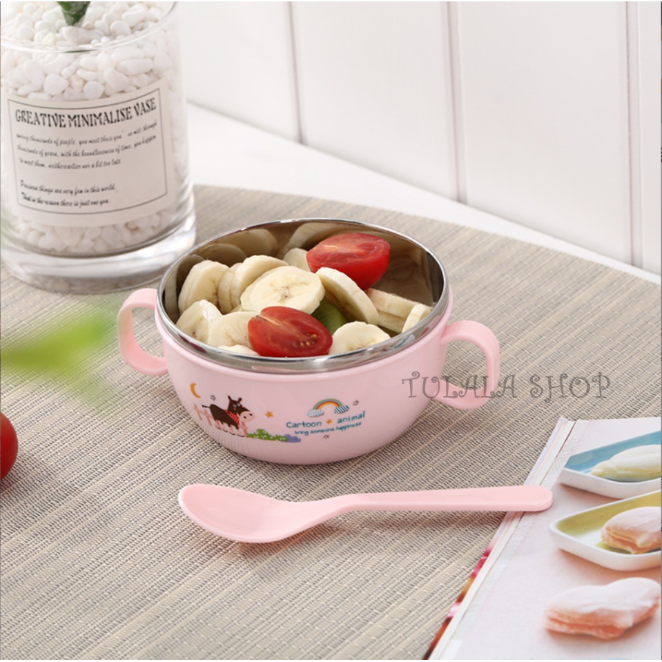 [TULALA SHOP]Kids Feeding Bowl Stainless Steel Spoon Mangkuk Bubur Makan Sup Sendok Karakter Bayi Anak/Set Mangkuk Sup Bahan Stainless Steel Anti Jatuh Dan Anti Panas Dengan Tutup Telinga Ganda Untuk Anak