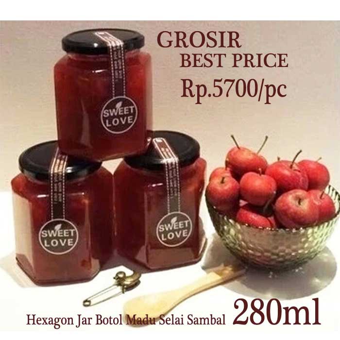 Botol Madu Botol Sambel Botol bumbu Toples kaca makanan 280ml Jar kaca hexagonal tutup kaleng