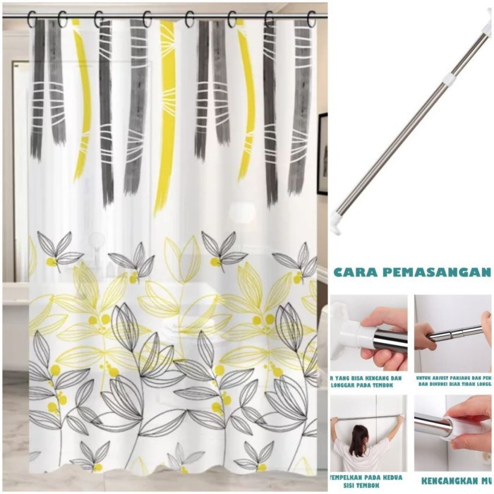 Paket Bundle Tiang Tirai Lengkap Dengan Cantolan Dan Tiang Tirai-IH Tirai Kamar Mandi / Shower Curtain Set