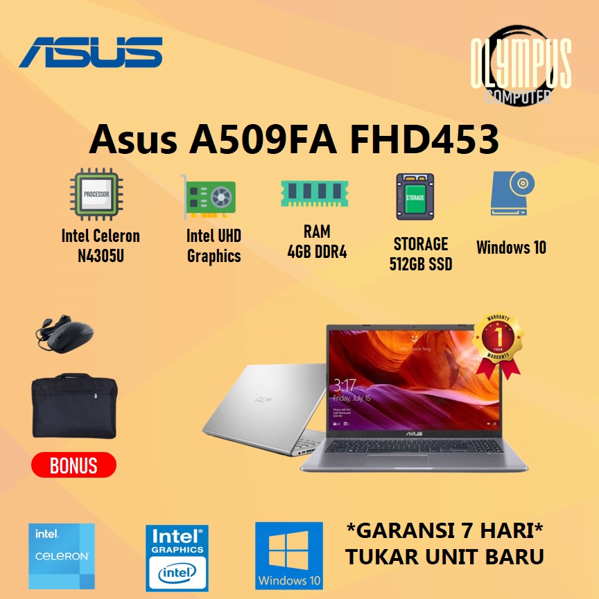 Laptop Asus Vivobook A509FA FHD453 4305U 4GB 512SSD W10+OHS 15.6FHD