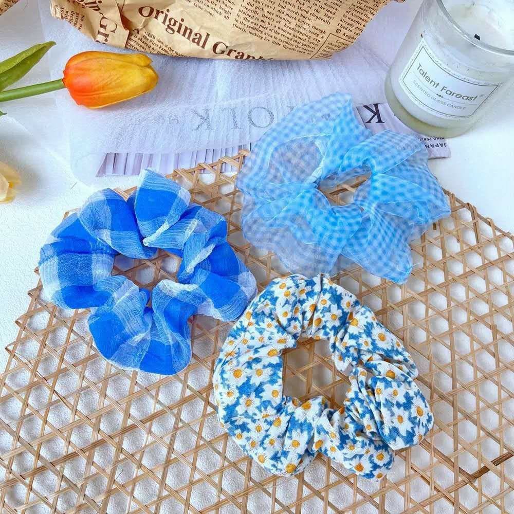 3Pcs/Set Ikat Rambut MF69 Scrunchies Ponytail Elastis Bhn Sifon Motif BungaDaisy-4