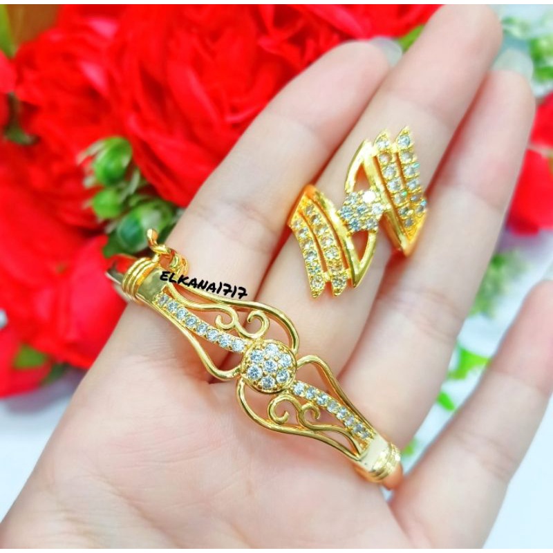 Set gelang Bangkok +cincin Dubay permata zircon lapis emas24k Anti karat termurah