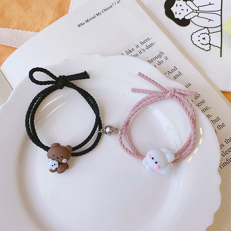 2Pcs Gelang Couple Magnet Attract Each Other Gelang Kapel Elastis Pasangan Pria Dan Wanita Kartun Dikepang Tali Tangan Rambut ANTOP