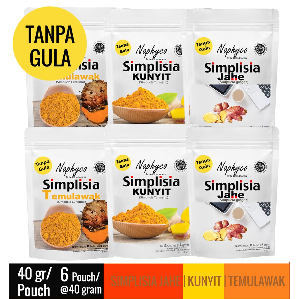

Naphyco Simplisia Kunyit / Jahe / Temulawak 40 gr x 6 Pouch (Paket Mix)