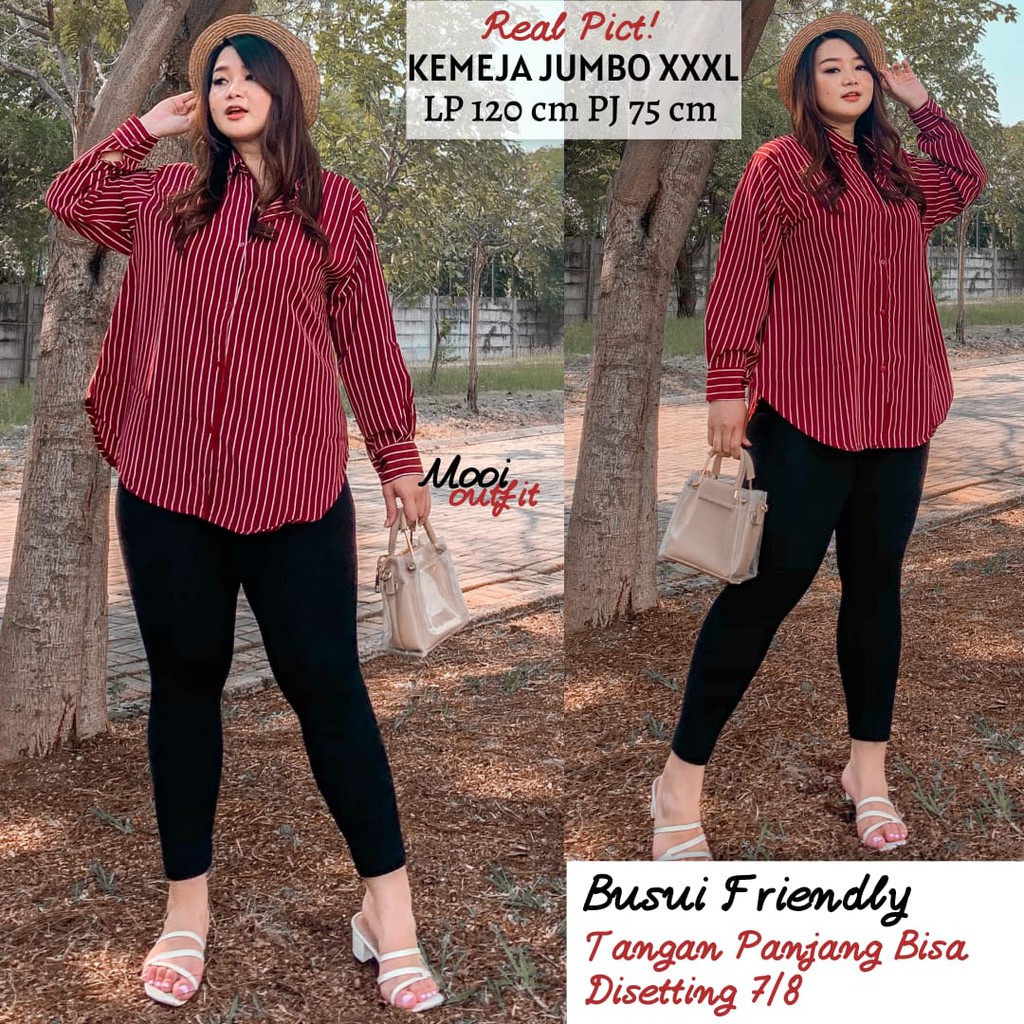 Kemeja Salur Oversize Wanita Jumbo Atasan Kekinian Stripe