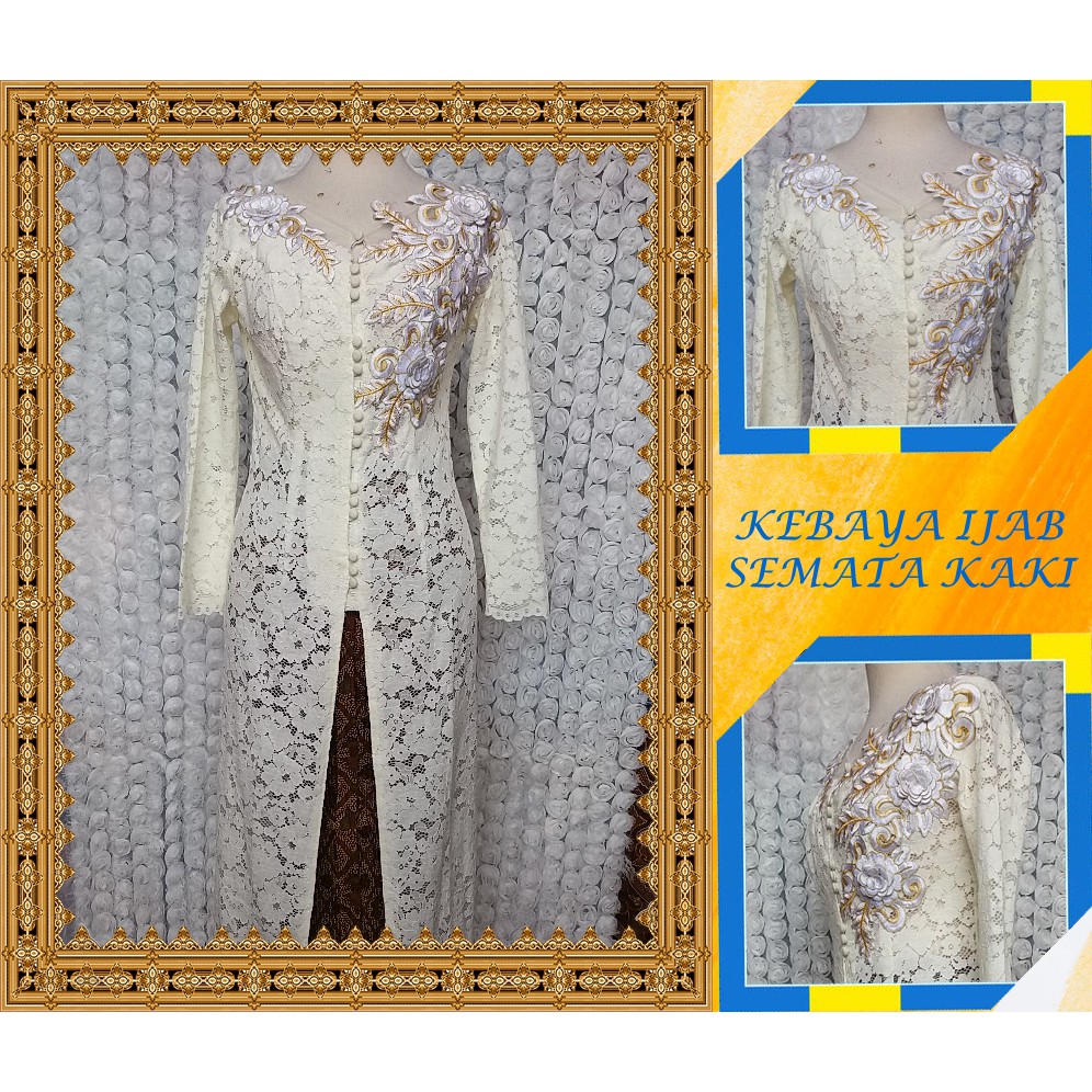 Kebaya Pengantin Semata Kaki Kebaya Pemberkatan Putih Aplikasi Bordir Kebaya Ijab RR2011 Putih