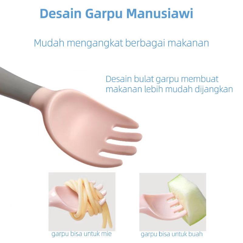 360 Derajat Melengkung Sendok Makan Bayi MPASI BLW / Food Grade Silicone Anak Makan Sendok Garpu