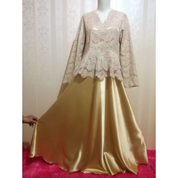 Preloved PL Gamis Pesta Brokat Mix Satin Mayung Warna Gold