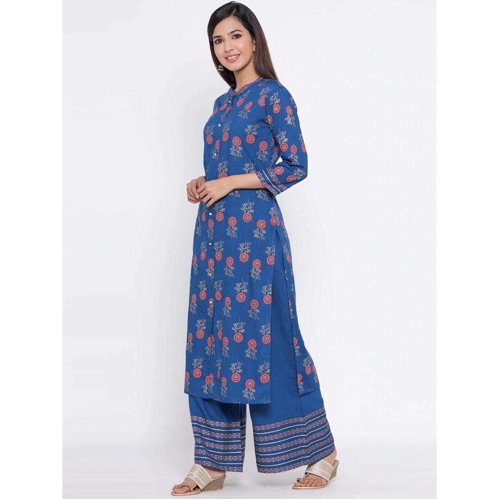 Setelan Kurti Silai Bunai Size M Warna Biru dengan Celana Palazzos / Baju Kurti India / baju Anarkal