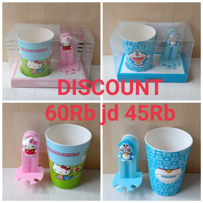 Toothbrush Cup or Tempat sikat gigi + mug Anak Karakter Kitty dan Doraemon
