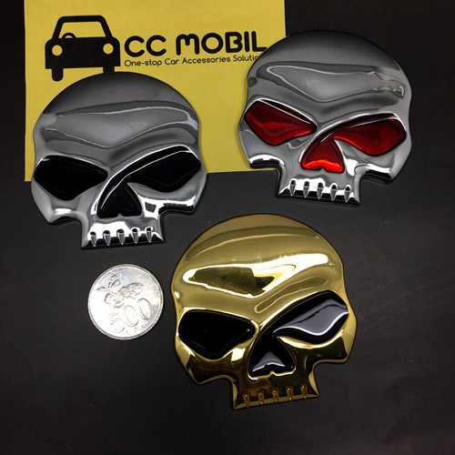 Tempelan Stiker Emblem Mobil SKULL TENGKORAK Chorme Big Size Quality Super