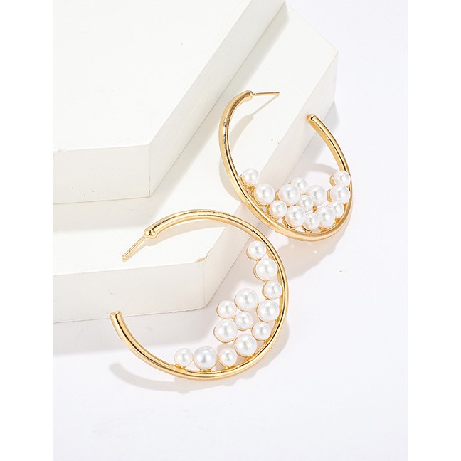 LRC Anting Tusuk Fashion Gold Alloy Size Pearl Geometric Round Earrings D09321