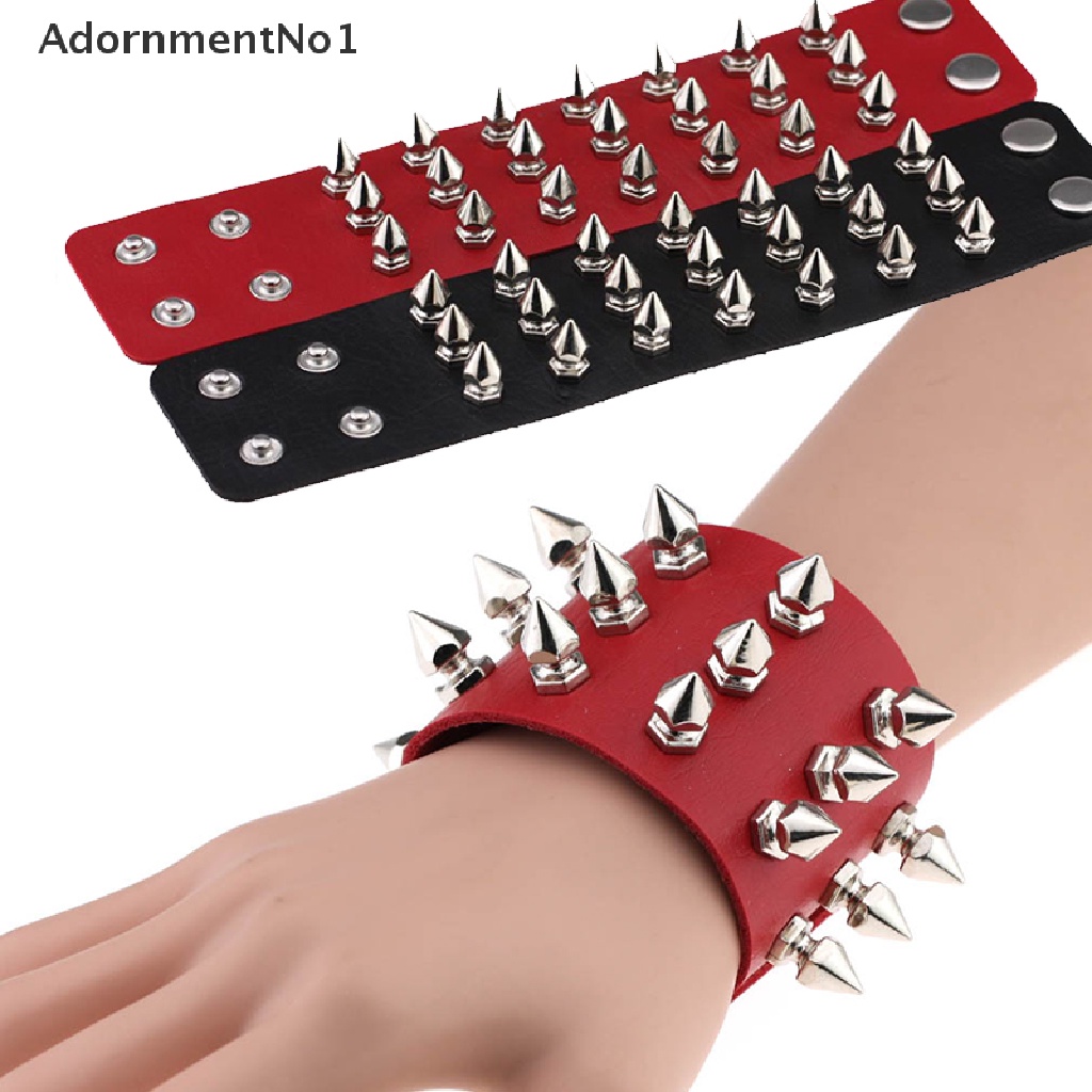 (AdornmentNo1) Gelang Tangan Kulit PU Lebar Aksen Rivet Tiga Baris Gaya Punk Gothic Rock Untuk Wanita