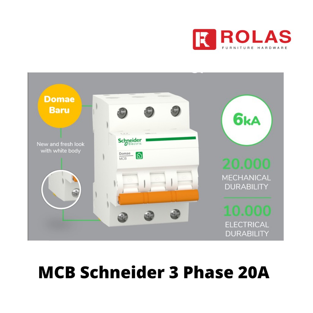 MCB SCHNEIDER 3 PHASE 20A TYPE DOMAE 6000kA