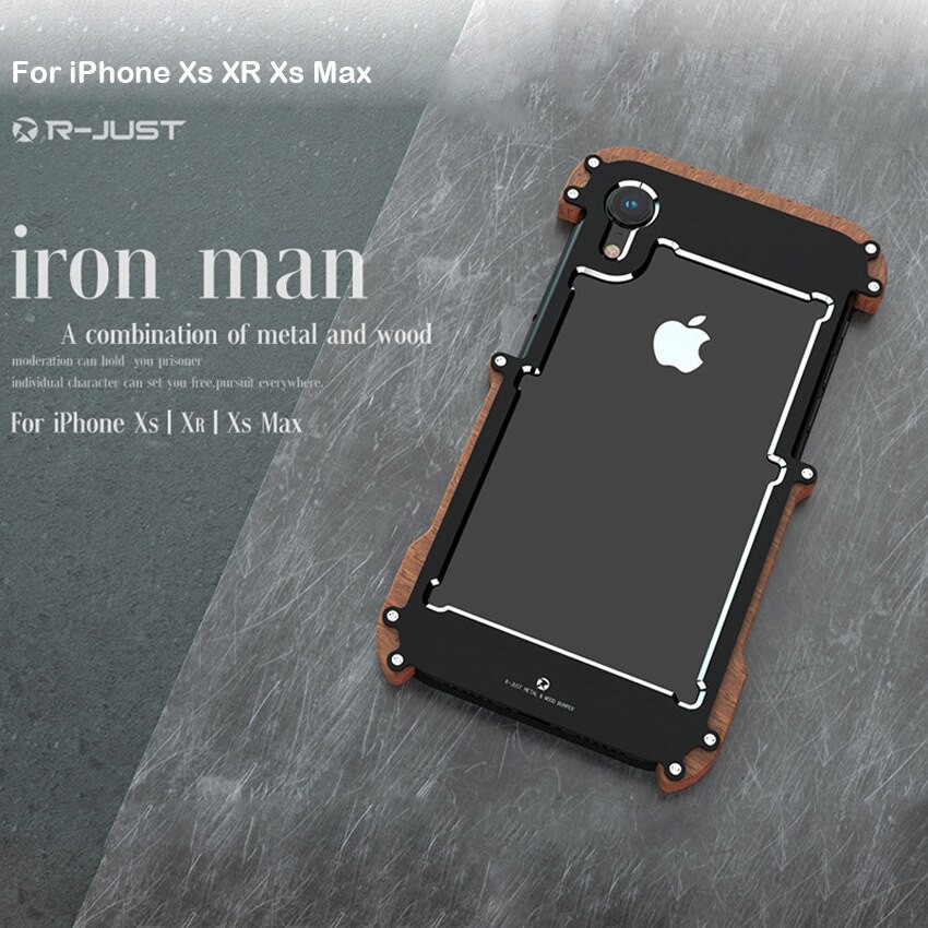 R-just Wood Case For iPhone Xs XR Shockproof Case Metal Frame Bumper Cover For iPhone Xs Max Case