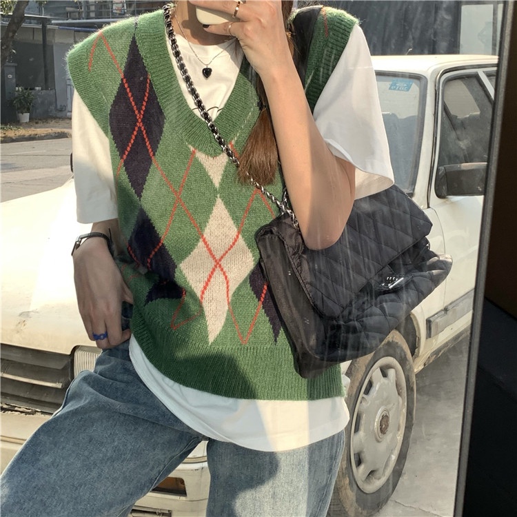 Vest knitted Argyle spring Retro V-neck --- Ravin Vest
