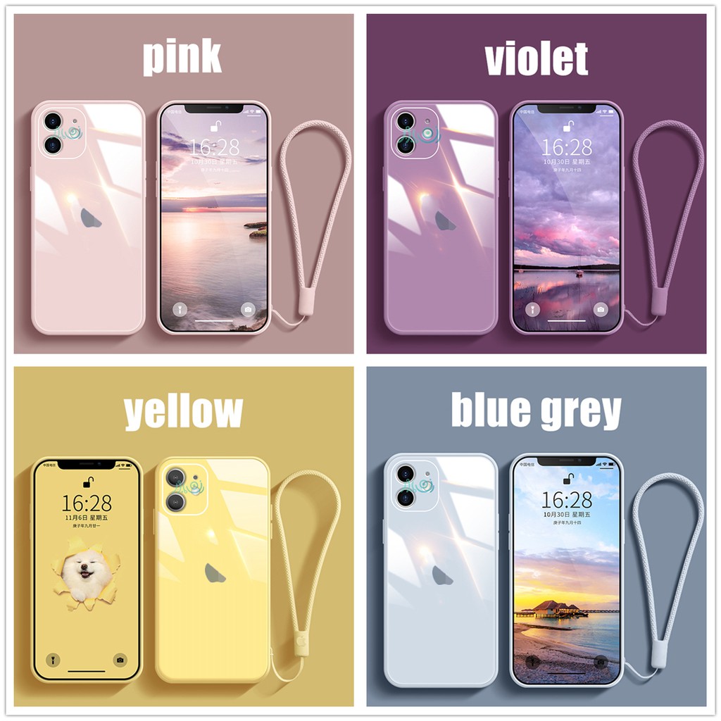 【12 color】Macaron Casing iPhone  6 6S 7+ 8 Plus SE 2020 11 Pro max Tempered Glass Case Square Silicone back cover