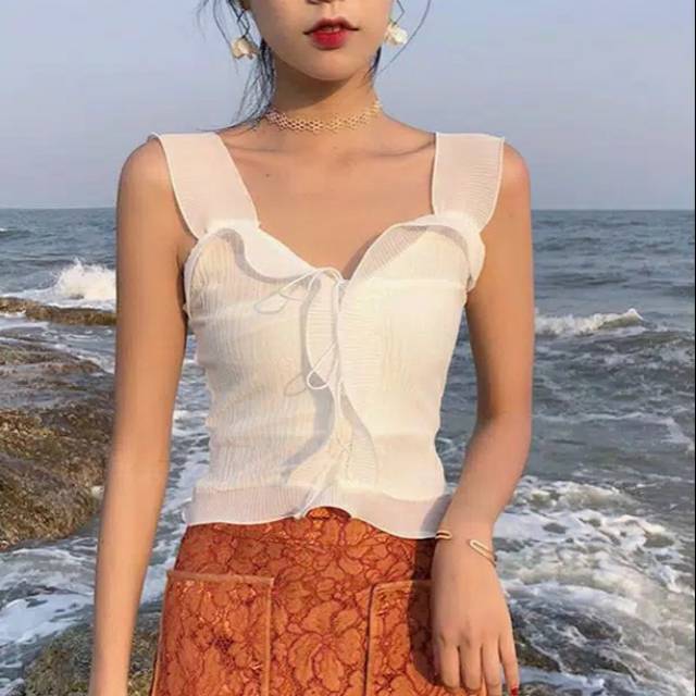 TANK TOPS RAJUT RENDA V-NECK CROP TOP SEXY KOREA IMPORT