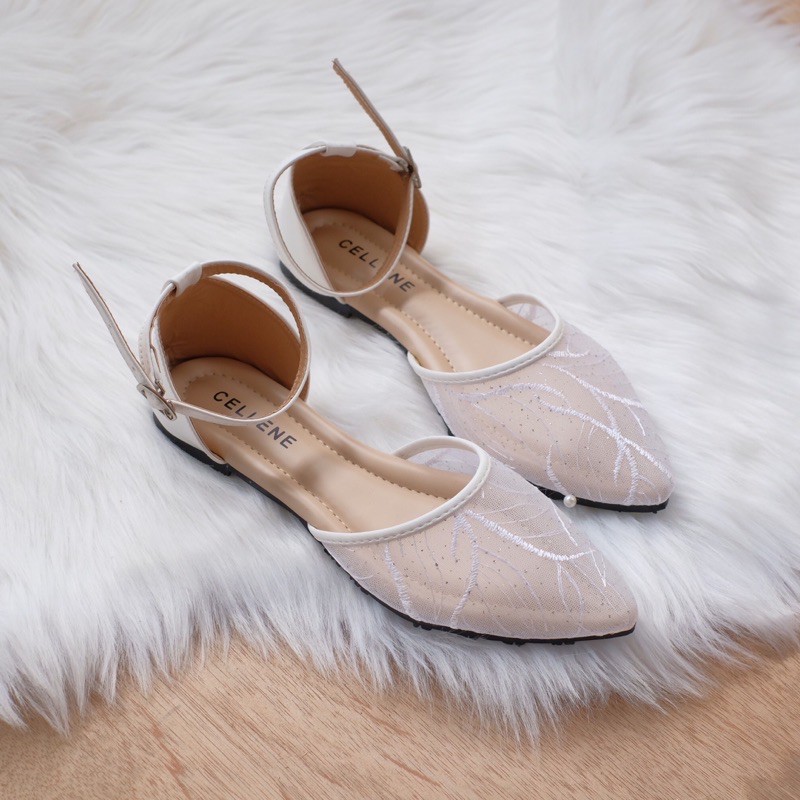 CELLENE flat balerina lace 3warna / flat brokat tali