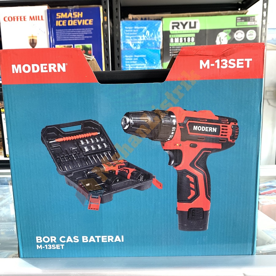 Bor Cordless Cas Baterai Modern M13 Set 10 mm Besi Kayu Obeng Bor Cas M 13