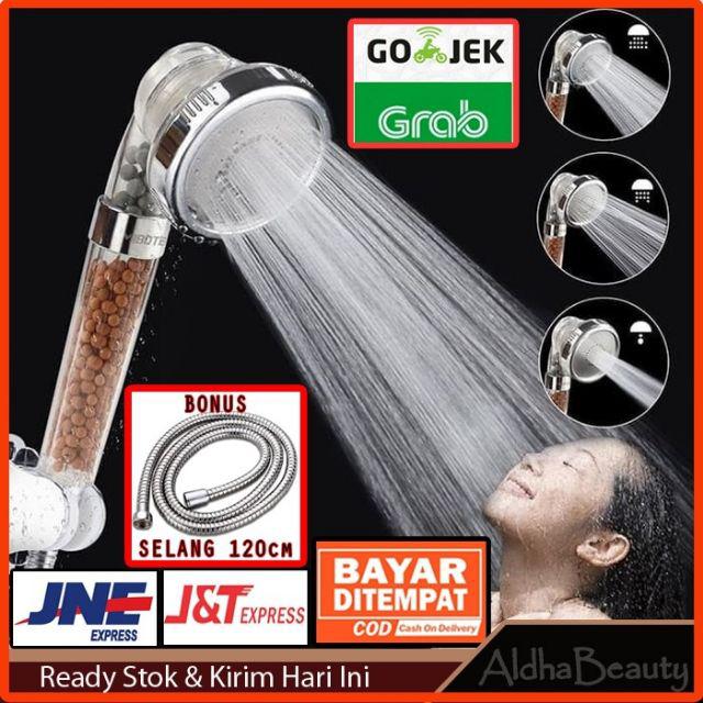 {terlaris} Kepala Shower Head Ion Spa Ionizer Healthy Crystal 3 Mode Bonus Selang + Holder