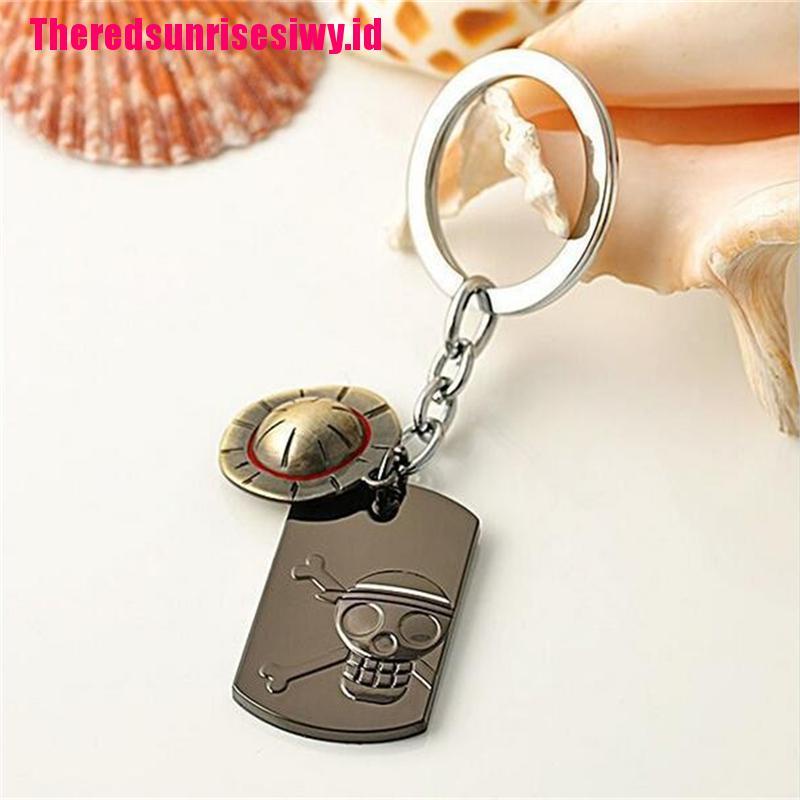 【Theredsunrisesiwy.id】Fashion Anime One Piece Luffy Straw Hat Skull  Stainless Steel Keychain Key Ring