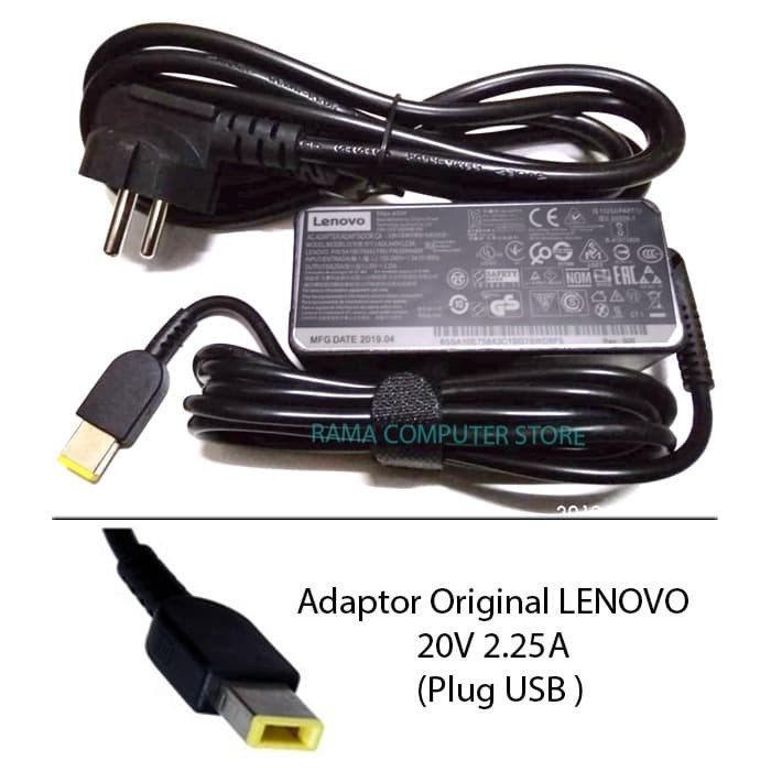 Adaptor Charger Lenovo Original LENOVO 20V 2.25A (USB pin) + Kabel Power