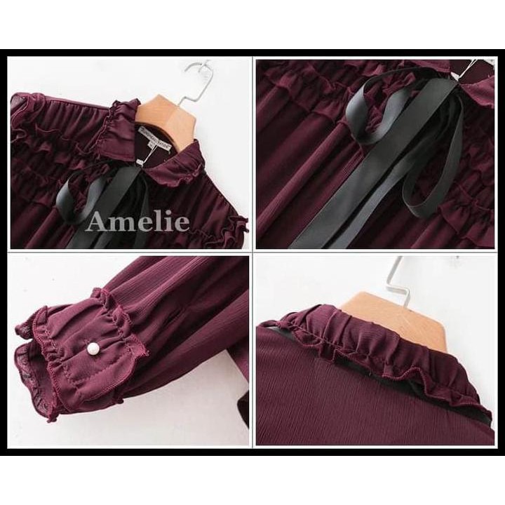 BAJU ATASAN KEMEJA WANITA DASI PITA RUFFLE BLOUSE KOREA IMPORT WINE