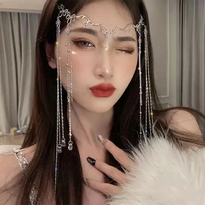 Aksesoris Rambut Model Rumbai Panjang Aksen Kristal Berlian Imitasi Gaya China Retro Untuk Wanita