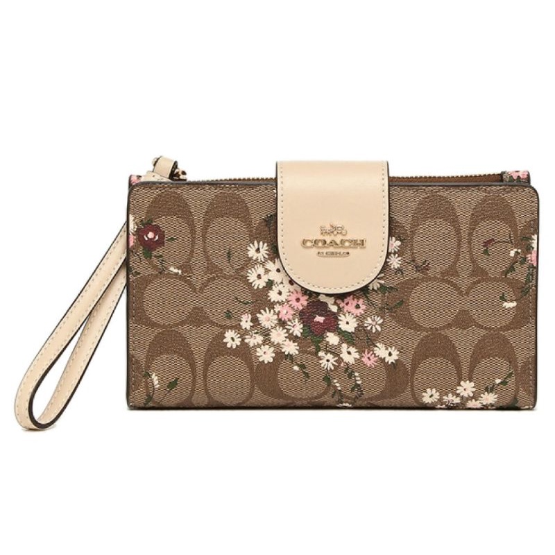 Coach Tech Phone Wallet Signature With Evergreen Floral (C3722)