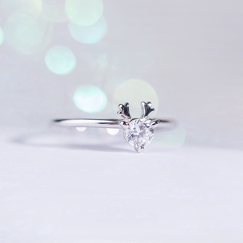 Cincin Open Ring Adjustable Desain Kristal Elk Warna Silver untuk Wanita