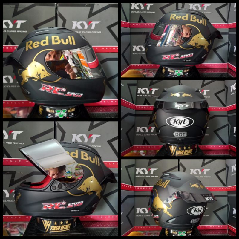 KYT Helm RC7 Solid Black Matt Paket Ganteng Red bull+Flat Visor Iridium+Spoiler, include visor ori