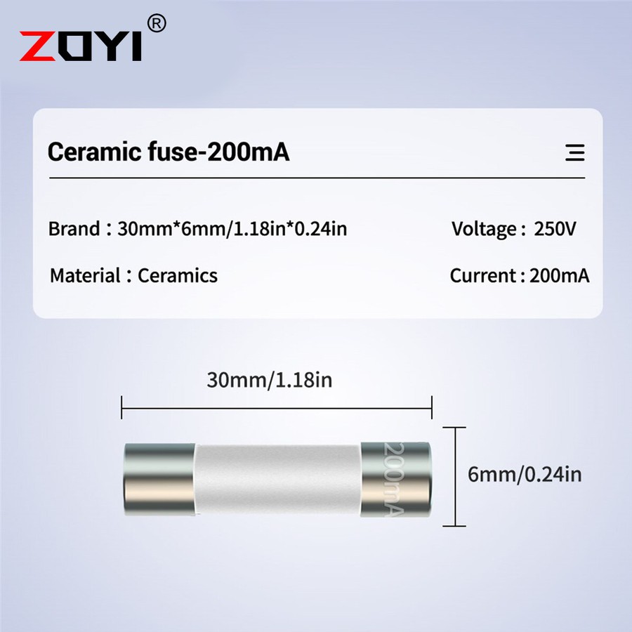 Zoyi Fuse Keramik Fuse For Multimeter Instrument 200mA 6mm x 20mm 250V