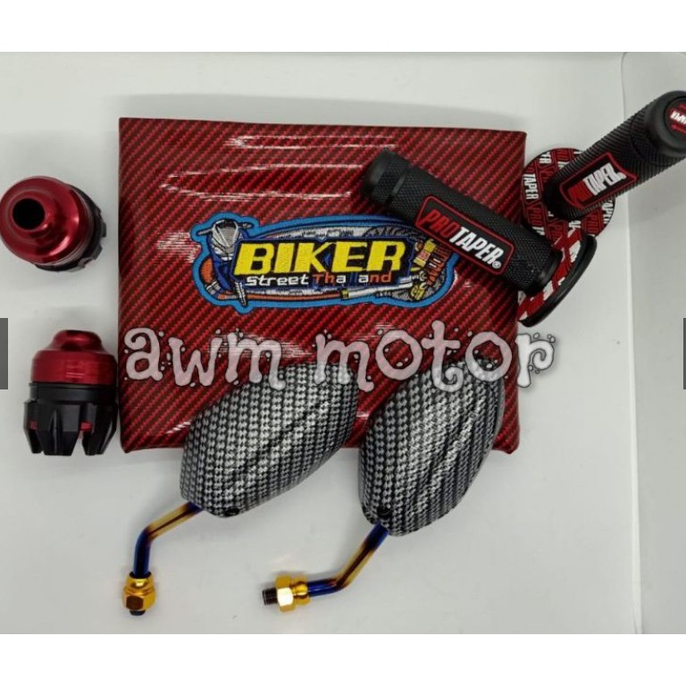 [Paket 4item] Kulit Jok Karbon + Spion Beat Twotone + Jalu As Roda Depan + Grip Protaper - Universal