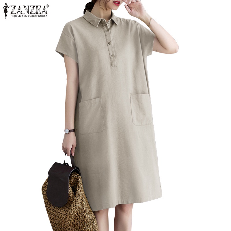 ZANZEA Women ront Pockets Short Sleeve Turn-Down-Collar Solid Color Midi Dress