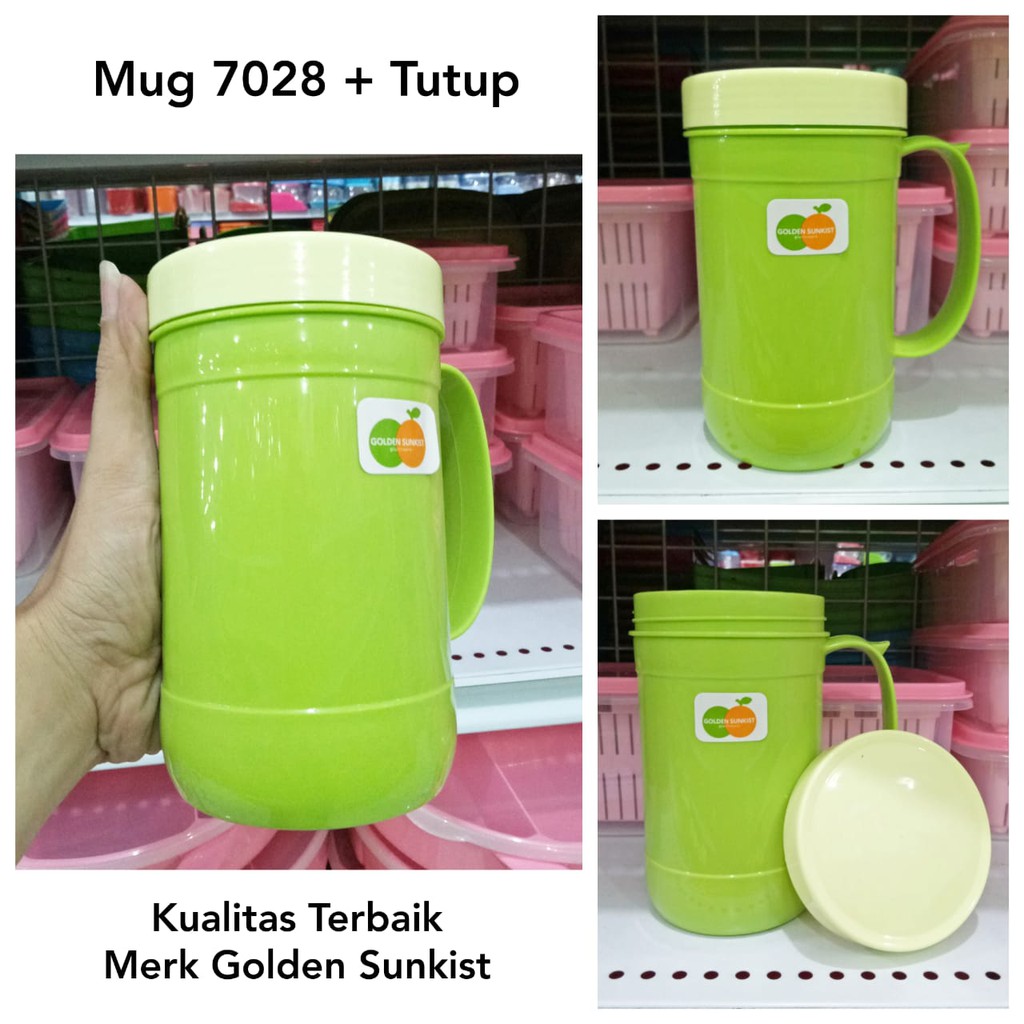 Mug Plastik Gelas Minum Cangkir 7028 + Tutup Kualitas Terbaik Merk Golden Sunkist