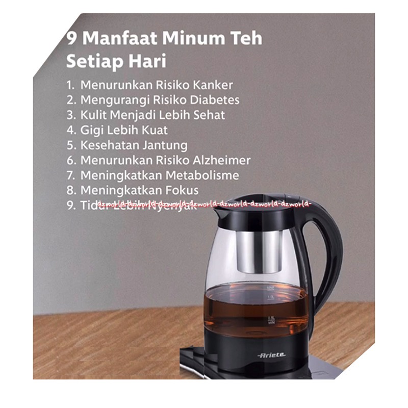 Ariete Tea Electric Kettle Teko Cerek Teh Listrik dengan Saringan 1L Hitam Kaca Ariette